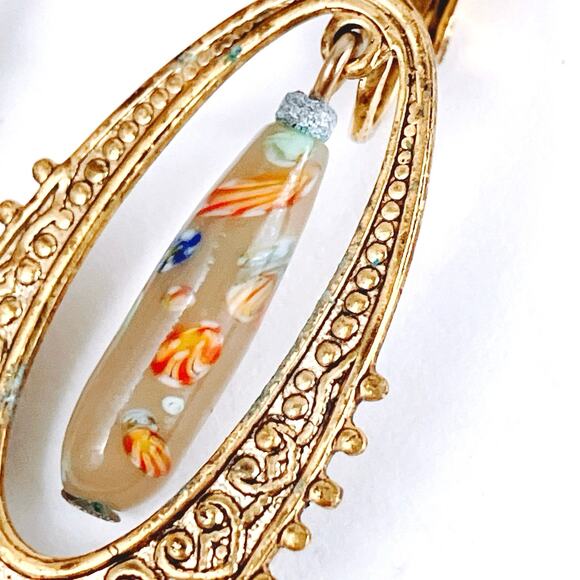 Vintage Mid Century Clip On Earrings Millefiori Art Glass Filigree Gold Tone - Picture 3 of 9